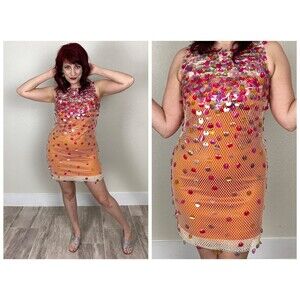 Size S M | RARE 1960s 60s Pink Sequin Mesh Fishnet Net Overlay Overdress Dress